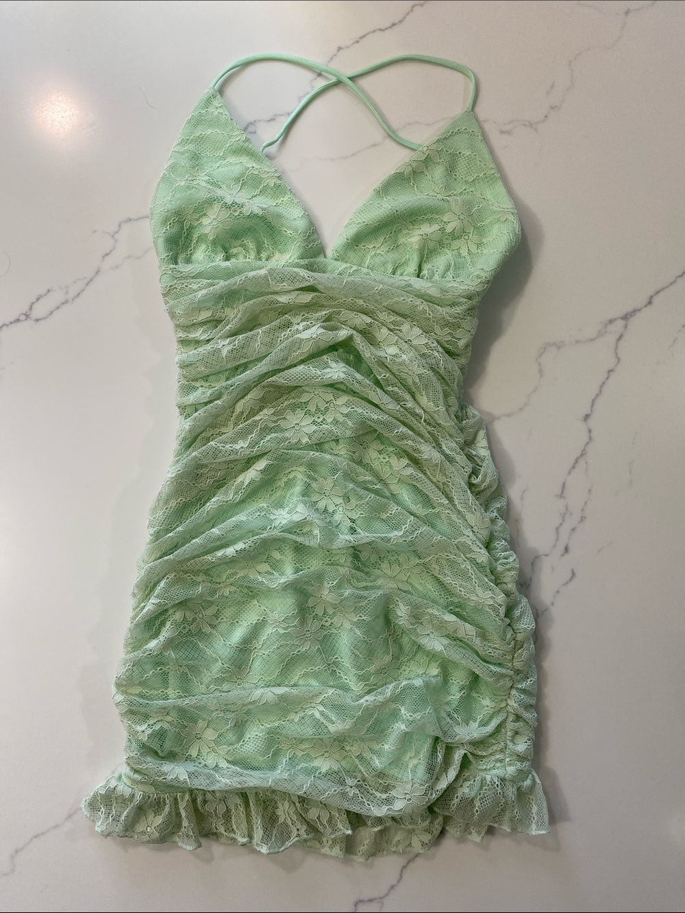 Lucy in the Sky Ruched Lace Mini Dress - Mint/Sage Green Size S